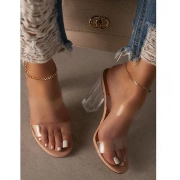 Shoes - !! NEW !! Clear Double Strap Block Heel Mules